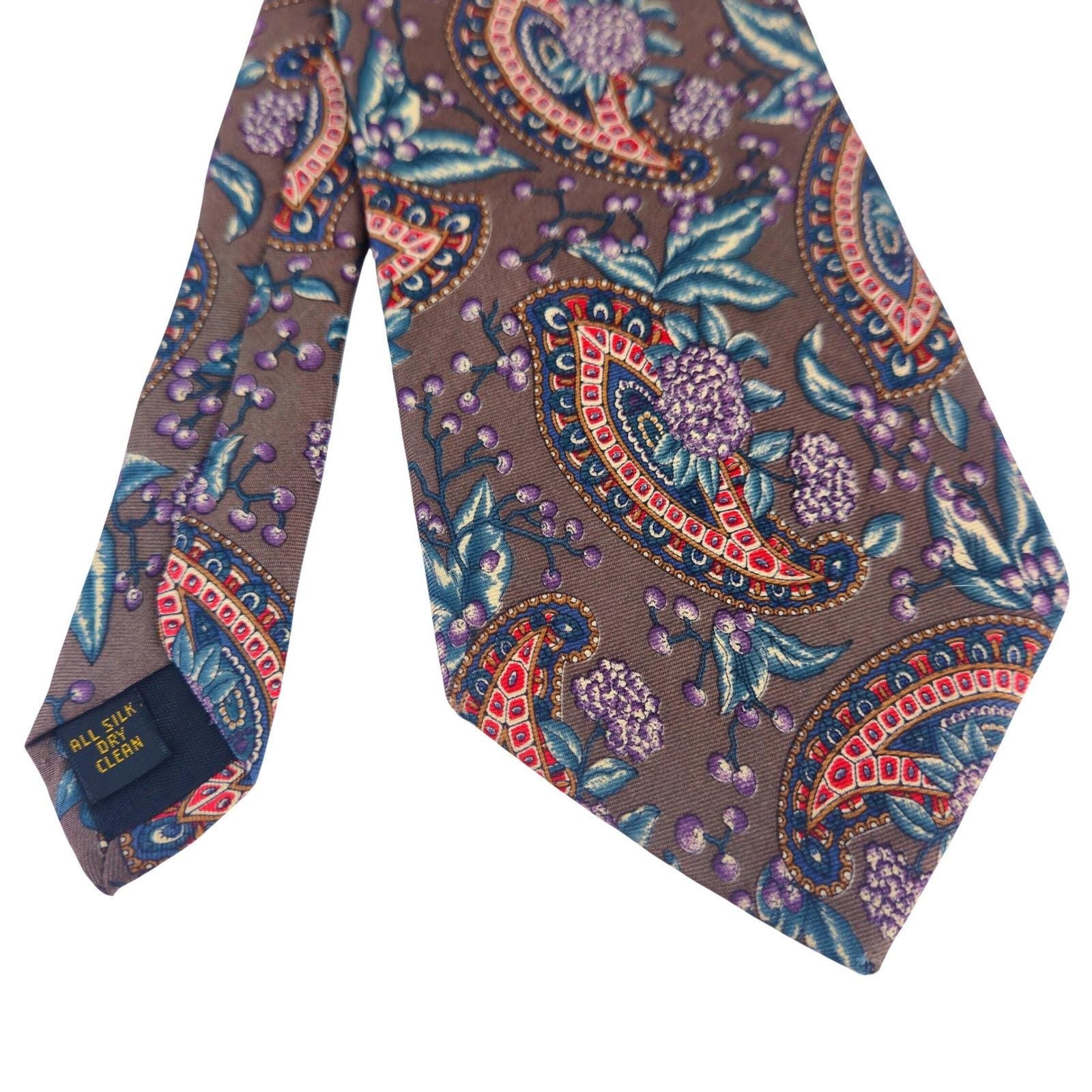 Vintqge Saddlebred Mens 100% Silk Tie Paisley Floral Brown Blue Red Classic